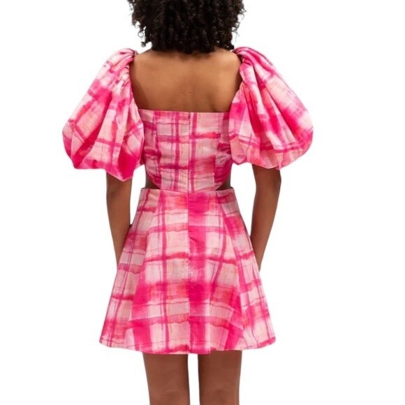 Free People Aureta Ada Mini Dress Fandango Check Cut Outs Short Puff Sleeve - Picture 2 of 15